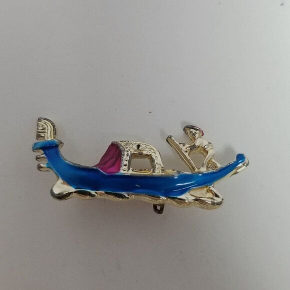 Vintage Man Pushing a River Boat with Stick Enamel Brooch, Blue Gondola, Estate - Picture 6 of 6